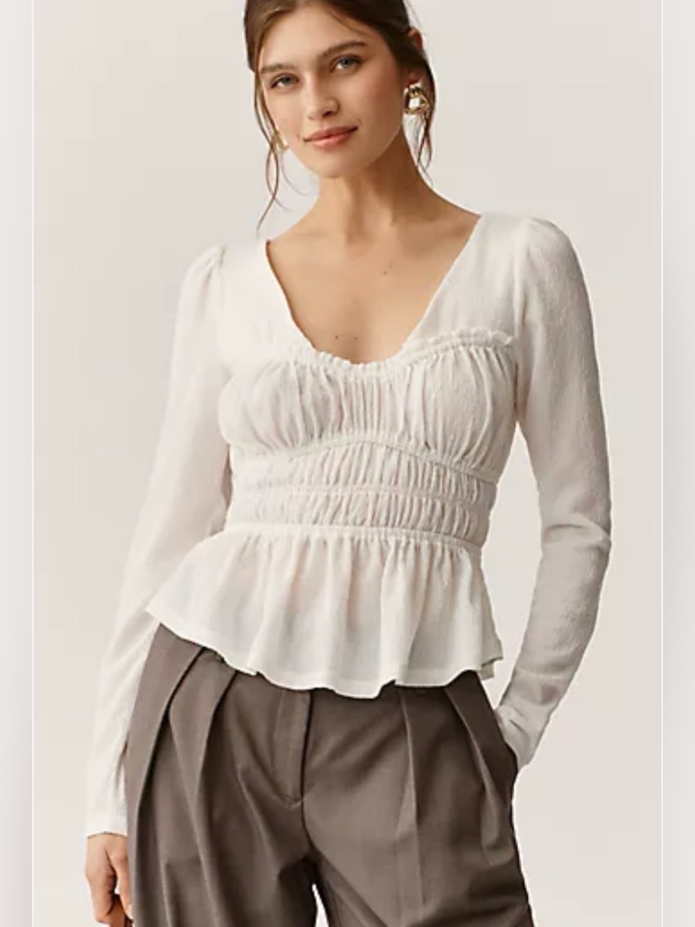 Anthropologie Cream Smocked Peplum Long-Sleeve Blouse